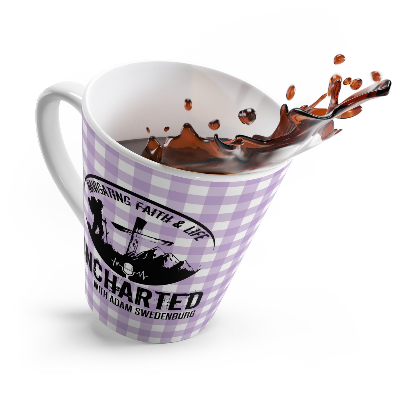 Uncharted Podcast Latte Mug — 'Navigating Faith & Life' Purple Gingham Coffee Cup