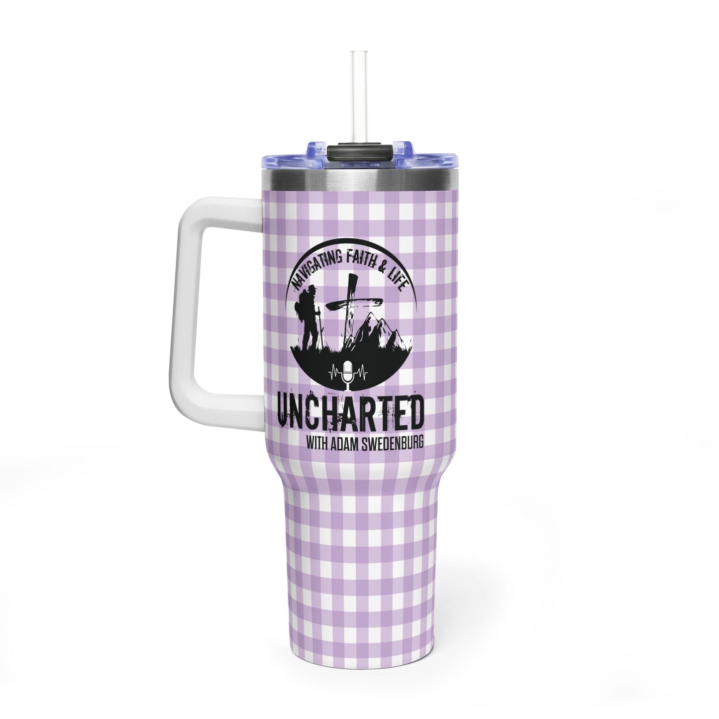 40oz Vacuum Tumbler - Lavender Gingham "Uncharted" Faith Podcast Design