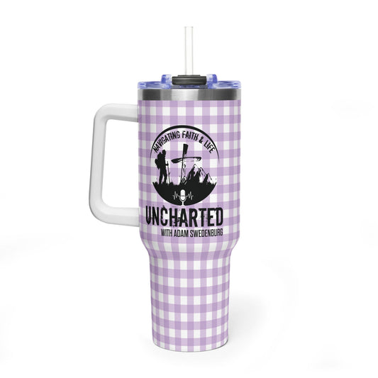 40oz Vacuum Tumbler - Lavender Gingham "Uncharted" Faith Podcast Design