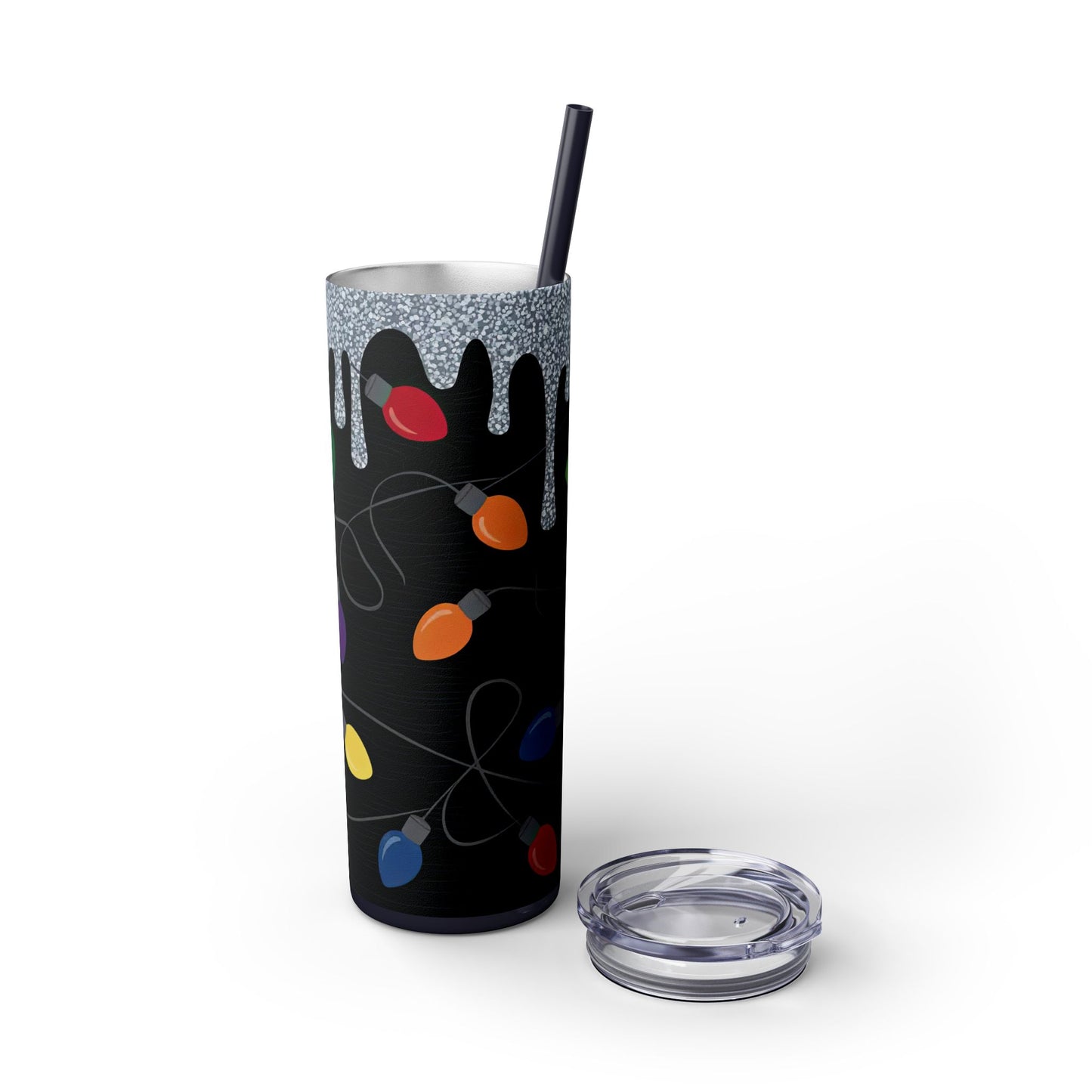 20oz Skinny Tumbler – Black Holiday String Lights Glitter Drip with Straw