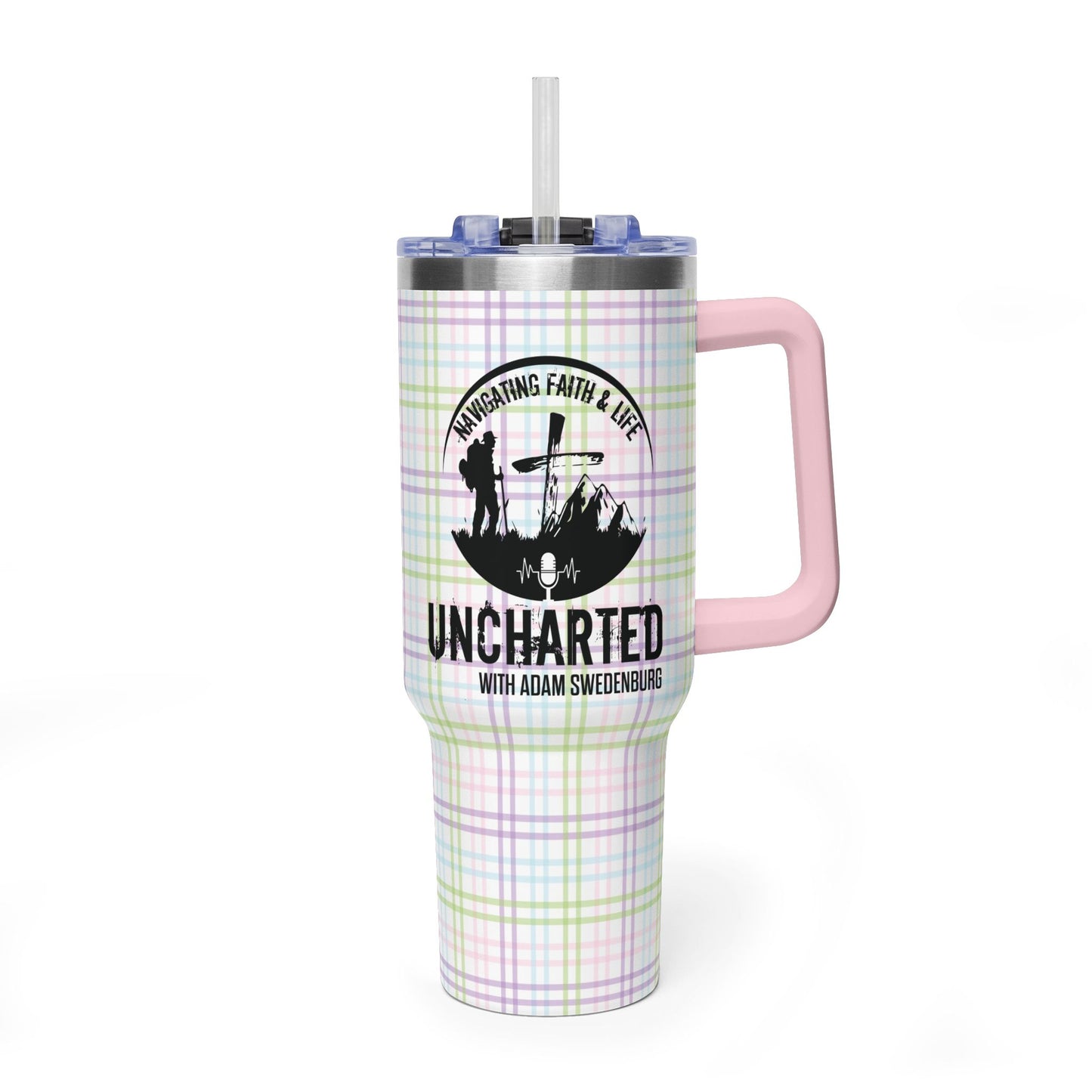 40oz Vacuum Tumbler — 'Uncharted with Adam Sweeney' Pastel Plaid Travel Mug