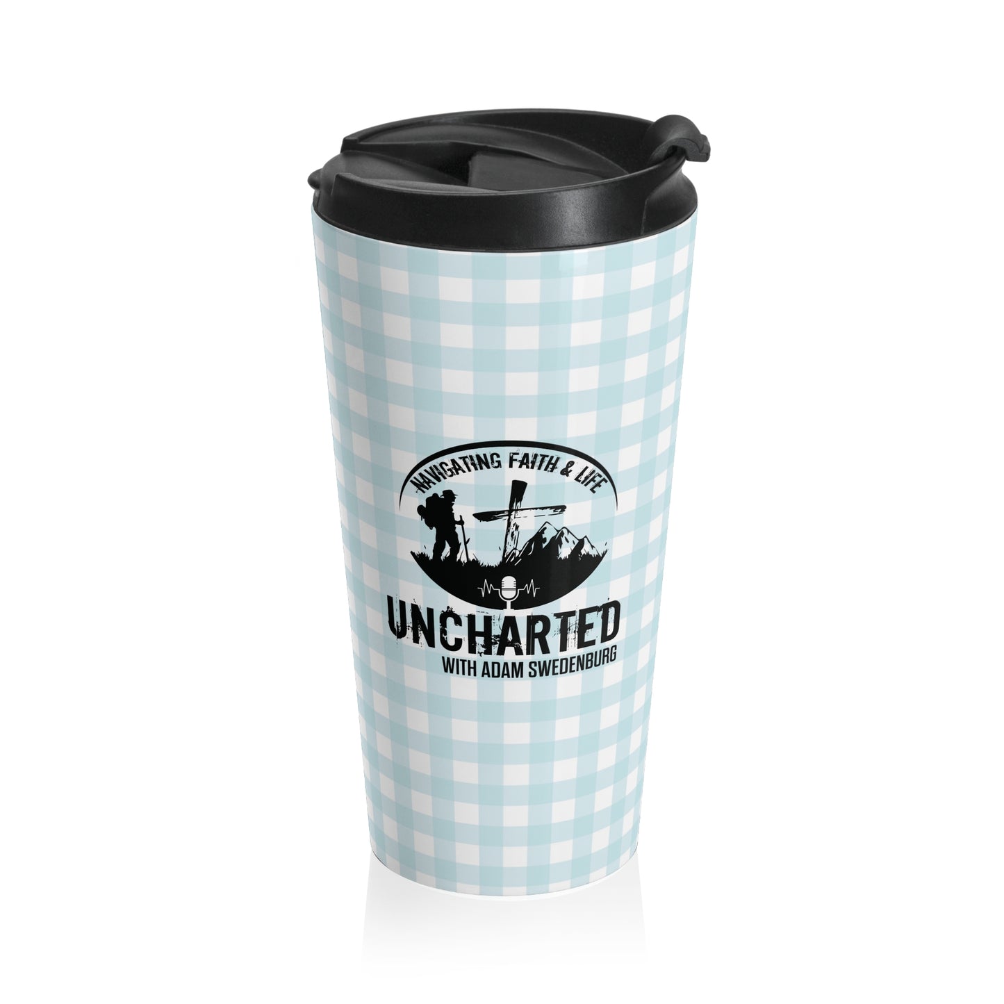 Travel Mug — Light Blue Gingham Stainless Steel Tumbler