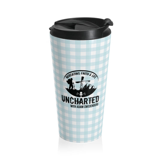 Travel Mug — Light Blue Gingham Stainless Steel Tumbler