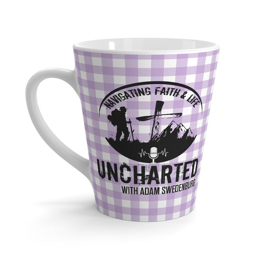 Uncharted Podcast Latte Mug — 'Navigating Faith & Life' Purple Gingham Coffee Cup