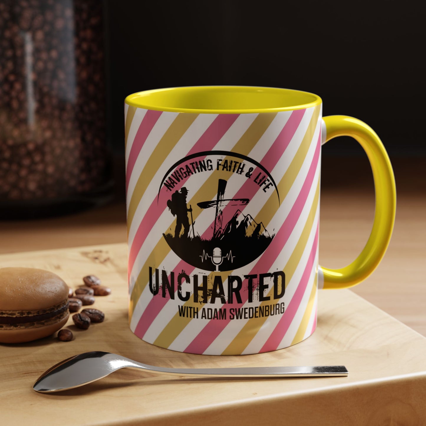 Uncharted Podcast Logo Accent Coffee Mug — Yellow Interior, Pink & Gold Stripe Design (11/15oz)