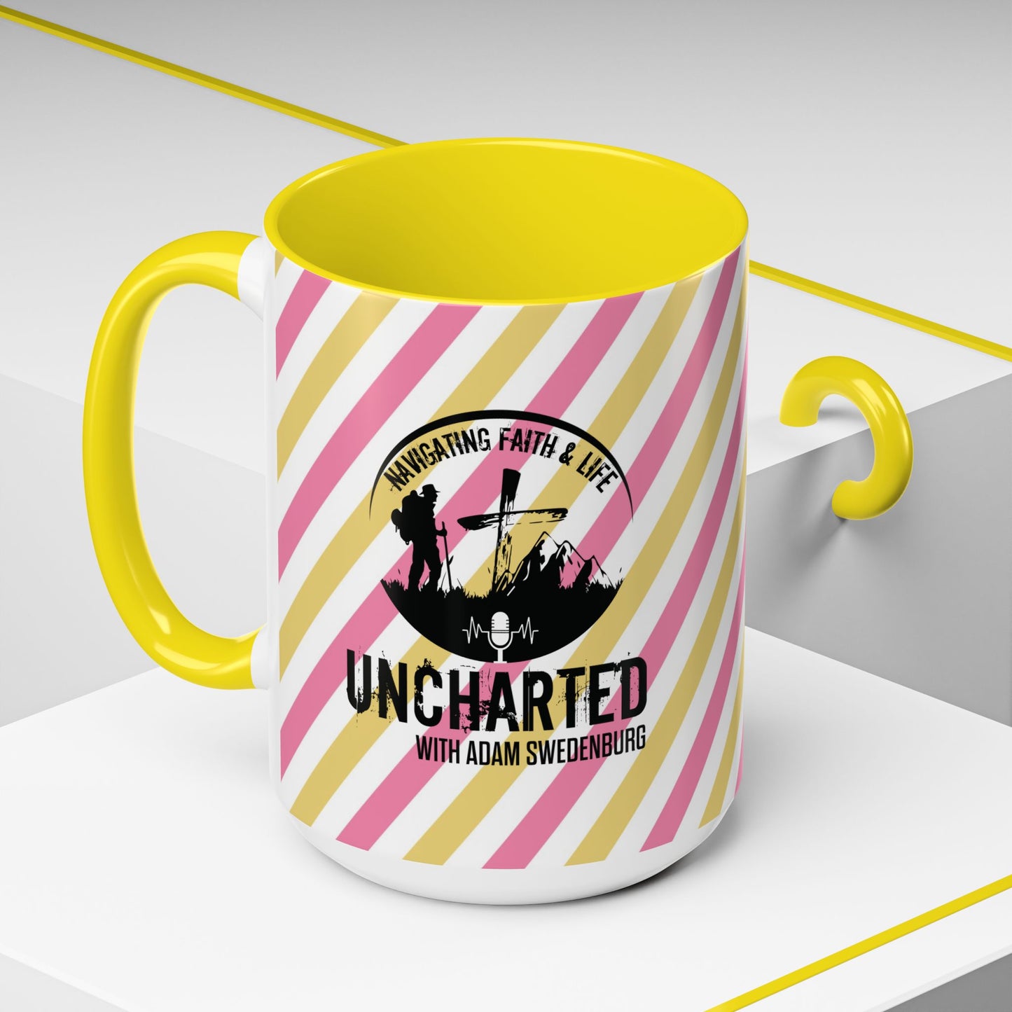 Uncharted Podcast Logo Accent Coffee Mug — Yellow Interior, Pink & Gold Stripe Design (11/15oz)