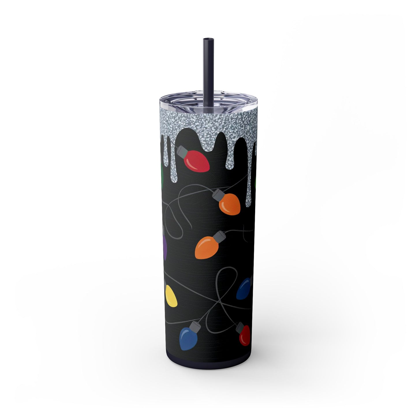 20oz Skinny Tumbler – Black Holiday String Lights Glitter Drip with Straw