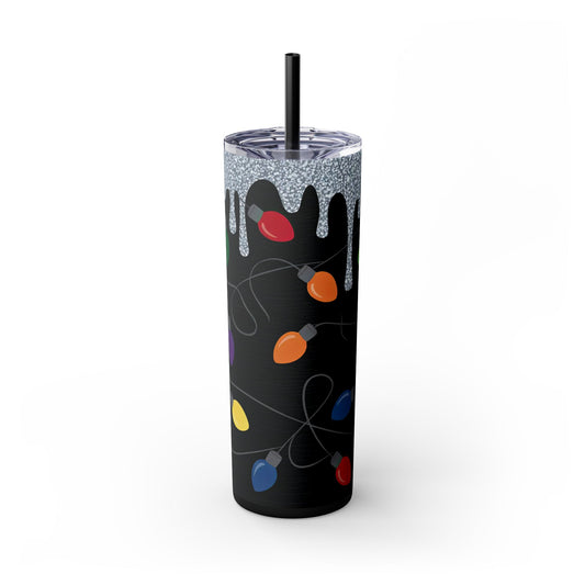 20oz Skinny Tumbler – Black Holiday String Lights Glitter Drip with Straw