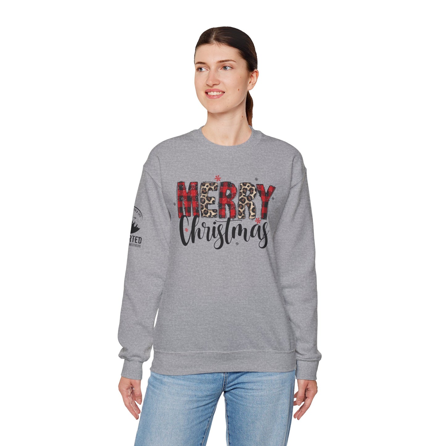 Christmas Sweatshirt - "Merry Christmas" Plaid & Leopard Holiday Crewneck