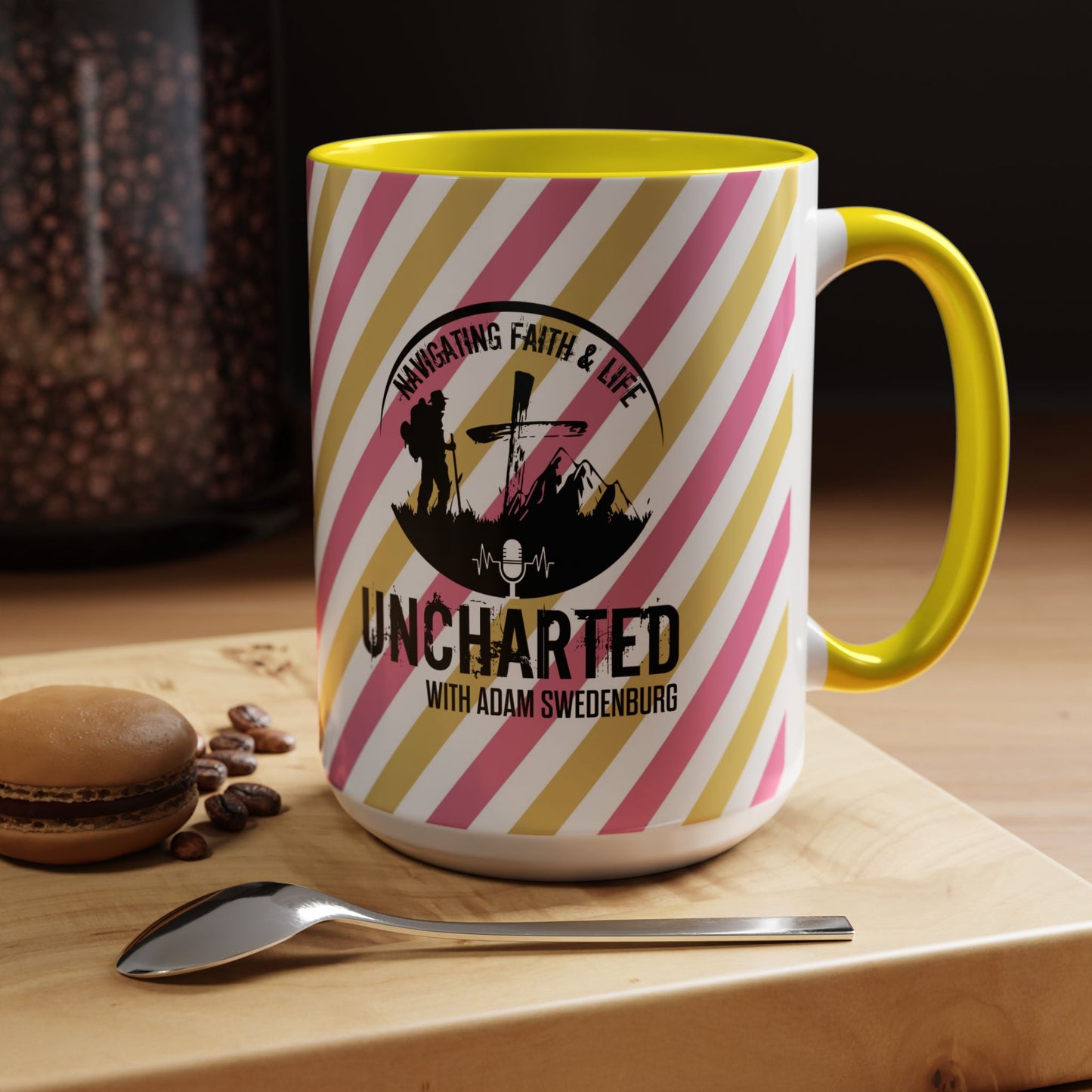 Uncharted Podcast Logo Accent Coffee Mug — Yellow Interior, Pink & Gold Stripe Design (11/15oz)