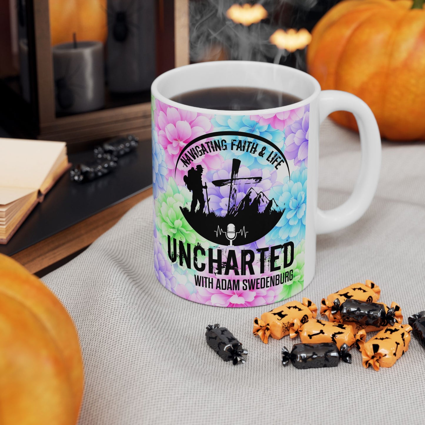 Motocross Uncle Mug — 'Uncharted' Skull Design on Pastel Floral 11oz/15oz Ceramic