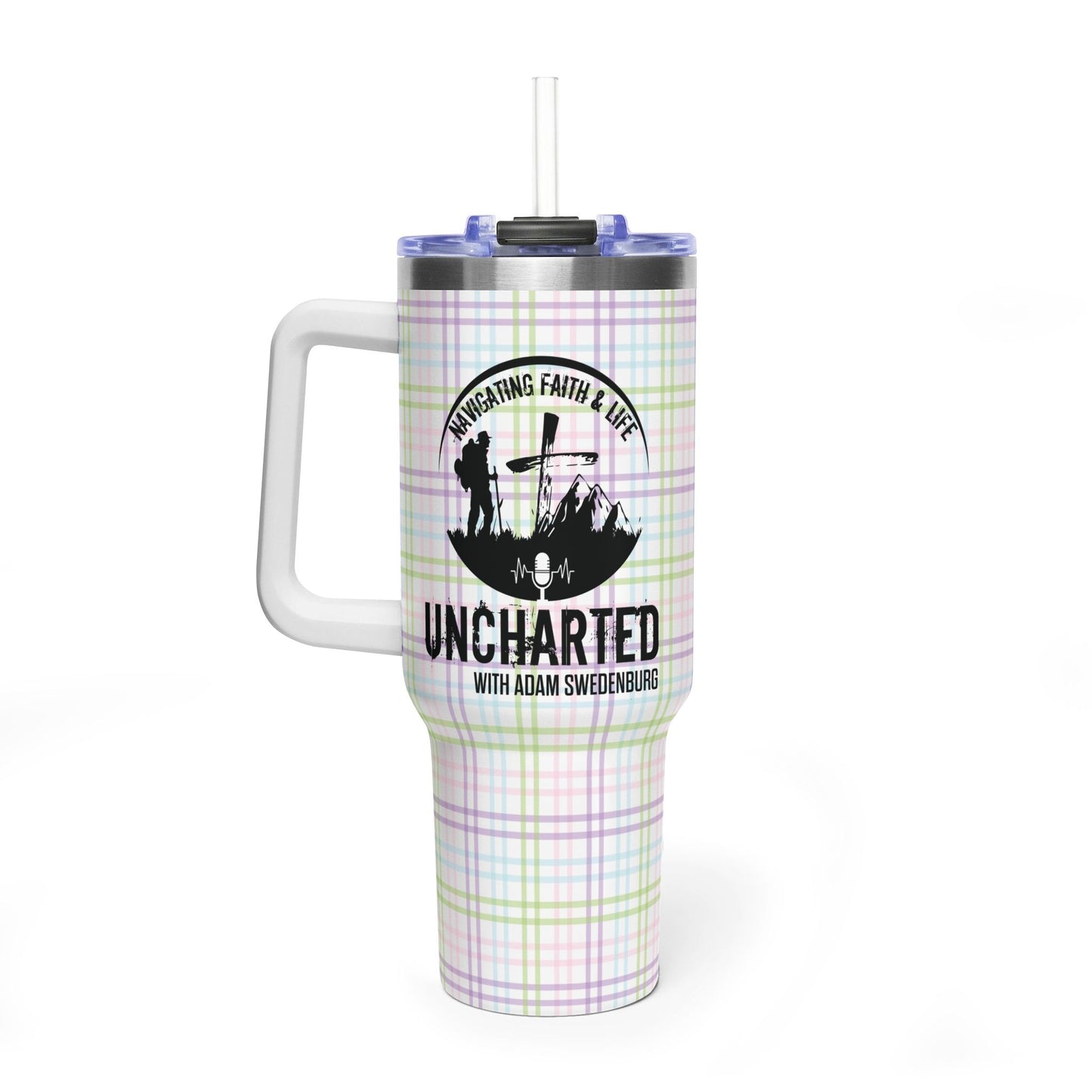 40oz Vacuum Tumbler — 'Uncharted with Adam Sweeney' Pastel Plaid Travel Mug