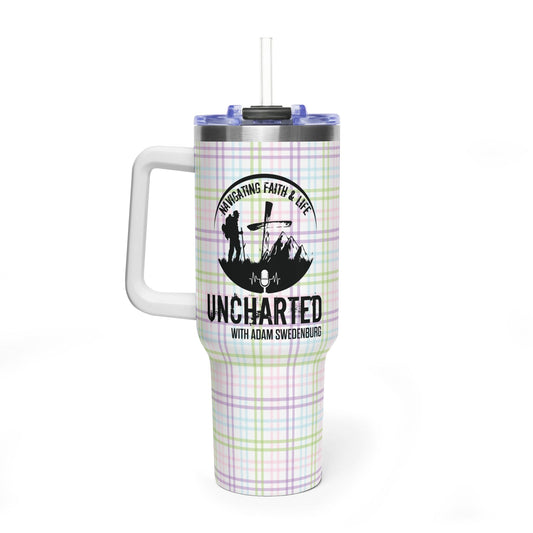 40oz Vacuum Tumbler — 'Uncharted with Adam Sweeney' Pastel Plaid Travel Mug