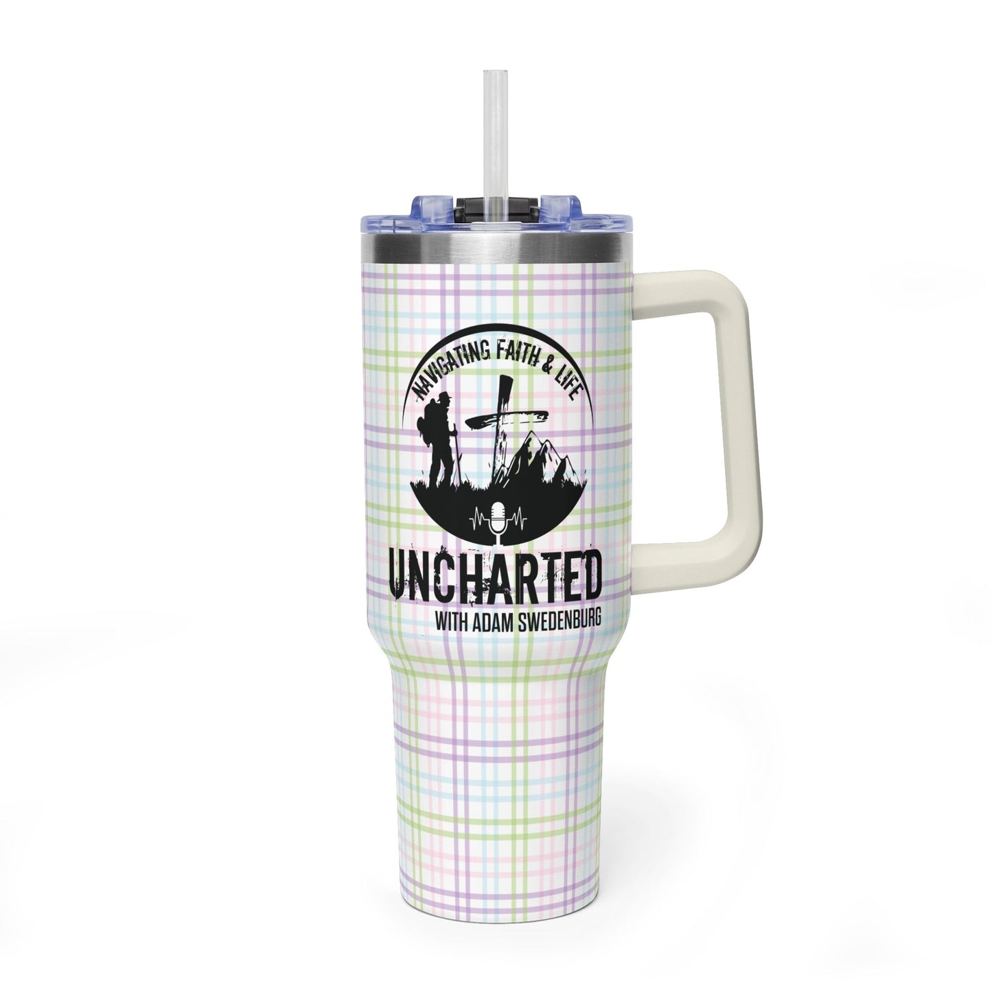 40oz Vacuum Tumbler — 'Uncharted with Adam Sweeney' Pastel Plaid Travel Mug