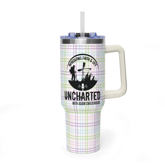 40oz Vacuum Tumbler — 'Uncharted with Adam Sweeney' Pastel Plaid Travel Mug
