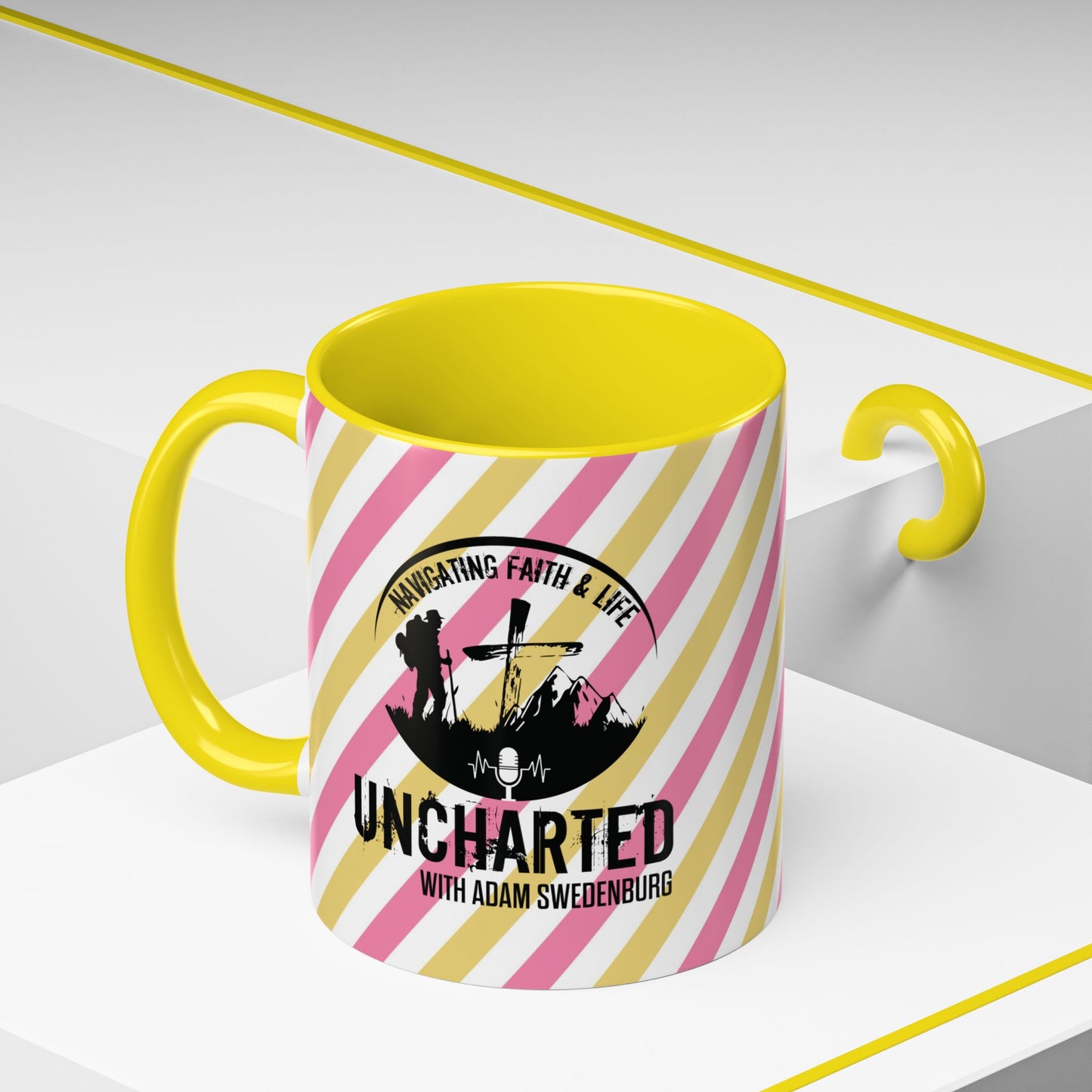 Uncharted Podcast Logo Accent Coffee Mug — Yellow Interior, Pink & Gold Stripe Design (11/15oz)