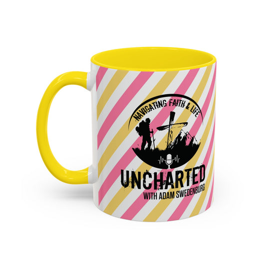 Uncharted Podcast Logo Accent Coffee Mug — Yellow Interior, Pink & Gold Stripe Design (11/15oz)