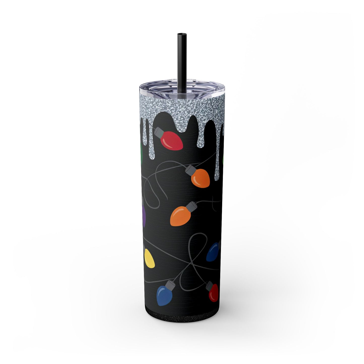 20oz Skinny Tumbler – Black Holiday String Lights Glitter Drip with Straw