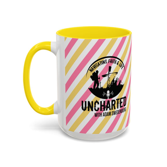 Uncharted Podcast Logo Accent Coffee Mug — Yellow Interior, Pink & Gold Stripe Design (11/15oz)