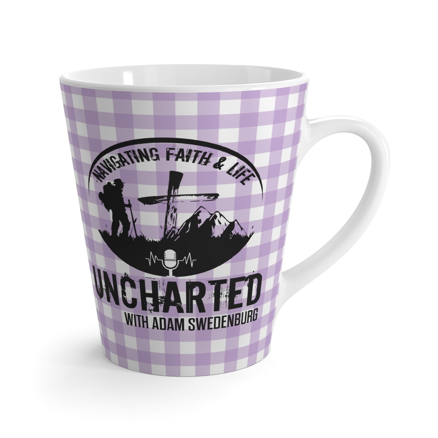 Uncharted Podcast Latte Mug — 'Navigating Faith & Life' Purple Gingham Coffee Cup