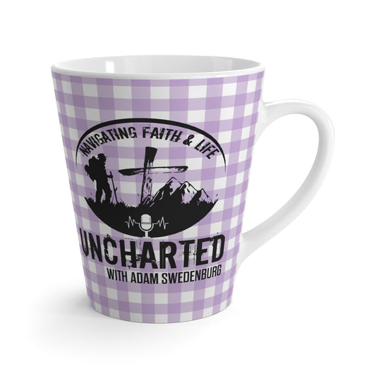 Uncharted Podcast Latte Mug — 'Navigating Faith & Life' Purple Gingham Coffee Cup