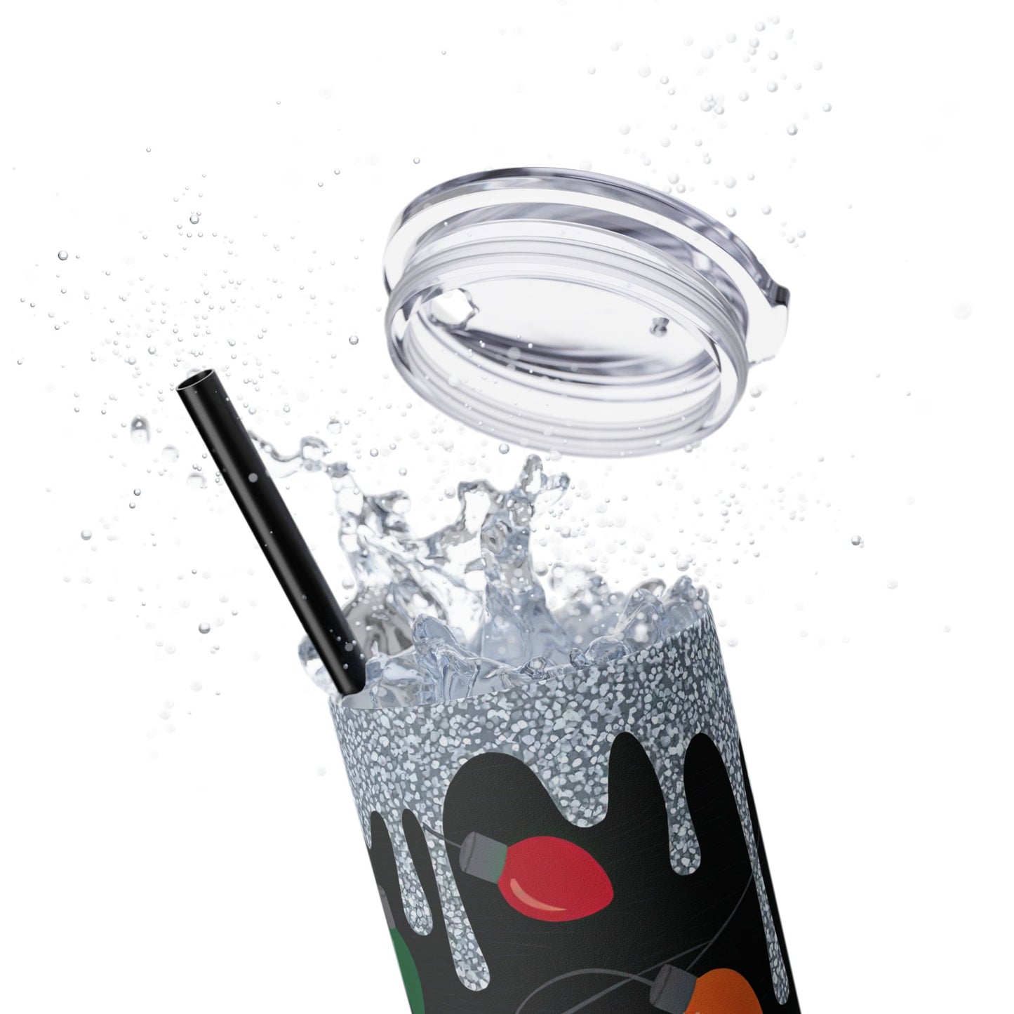 20oz Skinny Tumbler – Black Holiday String Lights Glitter Drip with Straw