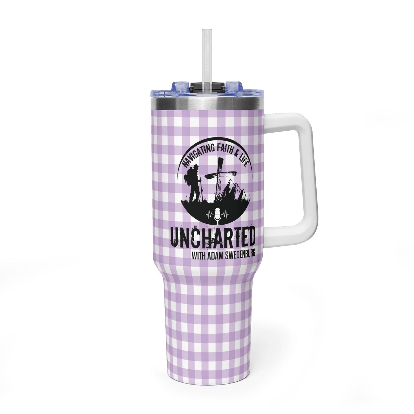40oz Vacuum Tumbler - Lavender Gingham "Uncharted" Faith Podcast Design