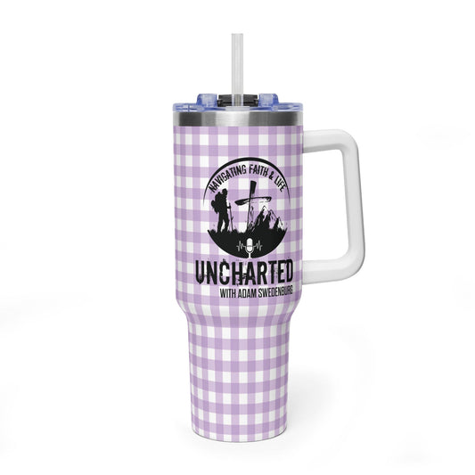 40oz Vacuum Tumbler - Lavender Gingham "Uncharted" Faith Podcast Design